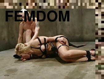 Bound Ashley Fires licks mistress' pussy and gets wired