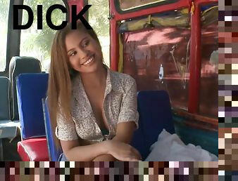Playful Tatiana gives a titjob and rides a dick in a bus