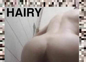 Very horny boy is trying to wank his dick and play with sweet asshole at dirty restroom