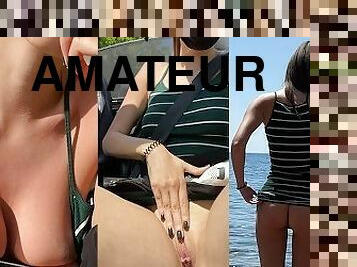 Real amateur teen flashing pussy and tits public voyeur - on my way to a nudist beach - Yoya Grey