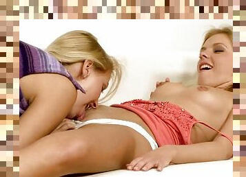 Cute blonde hides her hand in her pretty GF's juicy pussy