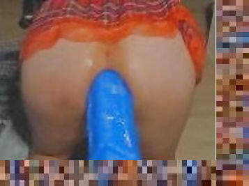 School Sissy Outfit While Riding Seahorse Monster Dildo