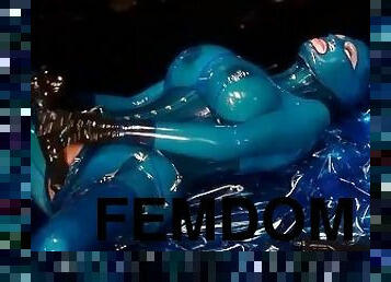 Heavy rubber goddess with big tits in transparent blue latex catsuit and mask masturbates - part 4