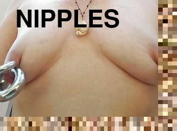 nippleringlover pumping pierced tits with pussy pump inserting 2 large gauge nipple rings in nipples