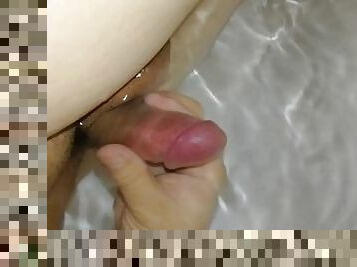 Slow motion cumshot underwater in bathtub, uncircumcised micropenis masturbation cums hard!