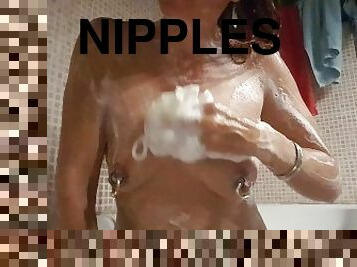 nippleringlover naked showering large gauge pierced nipples & stretched pussy piercings & sexy butt