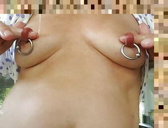 nippleringlover inserting rings in extreme stretched nipple piercings - fingering & pulling nipples