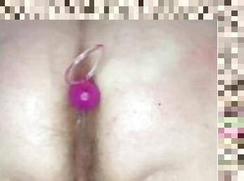Fatty pushes anal beads out of tight asshole