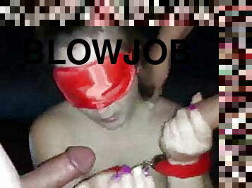Blindfolded girlfriend dual blowjob