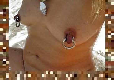 nippleringlover topless nude beach waves striking pierced pussy stretched huge nipple piercings