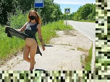 Pervert girl shows her beautiful body at the bus stop