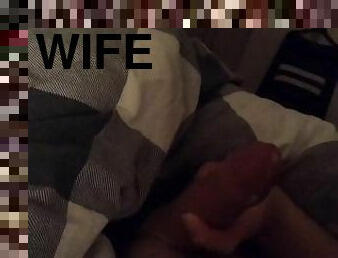 Secret POV handjob in bed while wife watches tv