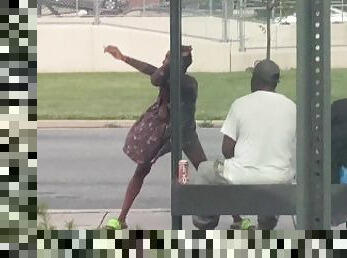 CRACKHEAD STRIPPING ON THE BLVD???? SMOKING MOON ROCS WITH HER TITTIE OUT