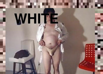 Clean White Jeans Bright Leather Jacket to Naked Hunk with Hard Boner!