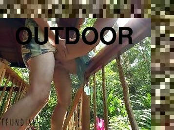 curvy jungle girl fucked risky outdoors - leg up view cum pussy end