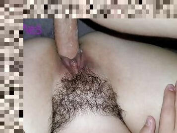 Cumshot on full bush hairy milf pussy close up in slow motion