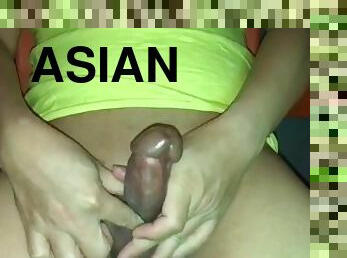 Twink asian straight guy strokes his brown mushroom head with thick cumload after shaving his pubic