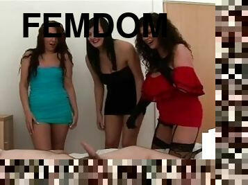 Small dick femdoms teasing their sub in kinky group