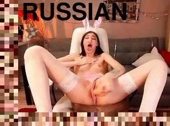 Russian whore on the stream fucks herself with a rubber dick