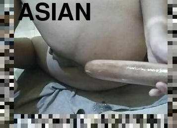 Playing My Asian Fatass With a 10 Inch Wood Dildo