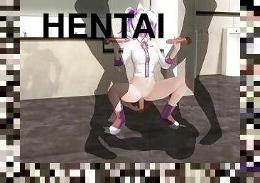 3D HENTAI Schoolgirl in the toilet jumps on a dick and jerks off cocks of friends