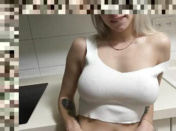 Pretty woman sucked a dick in the kitchen and I cum on her big tits
