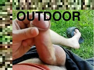 Outdoor jerking and pissing before nice cumshot. Solo circumcised curved cock