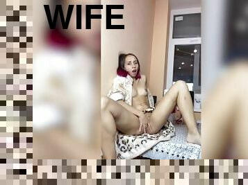 Wife solo masturbation in the kitchen table in bathrobe