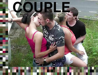 Two teenage couple make a real public gangbang orgy