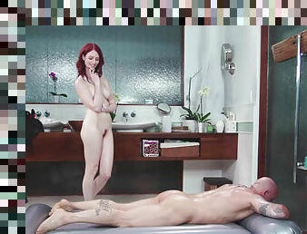 Redhead Alex Harper with a beautiful body makes massage and has sex