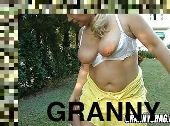 Exhibitionist granny gets orgasmed right in front of a hotel