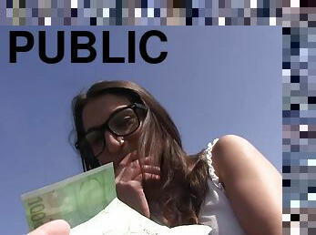 Jimena Lago rides a dick in public & gets a load over her glasses