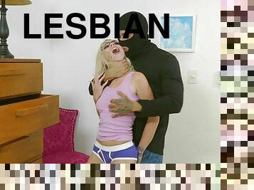 Lesbian blowing & riding burglar's cock while her gf sleeps