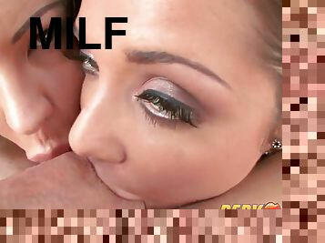 Bombshell MILFs give sloppy blowjob and titjob in threesome