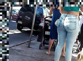 Fat ass white girl in tight jeans at the public bus station
