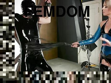 Mom domme whips male in latex suit