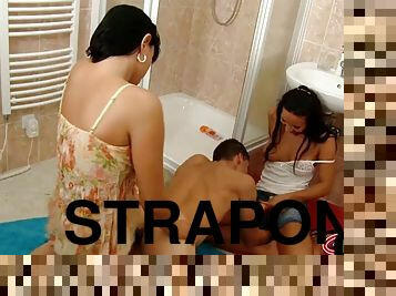 CFNM teens strapon guy with strapon in bathroom threesome