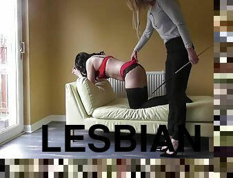 Chubbies Darkhaired Babe Teenage Caned By Strict Mistress - Lesbian