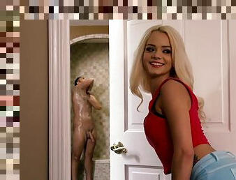 Skinny blonde Elsa Jean masturbates shaved pussy before fucking hot