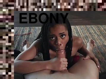 Dreadhead ebony in red stockings sucks big cock POV style before a fucking