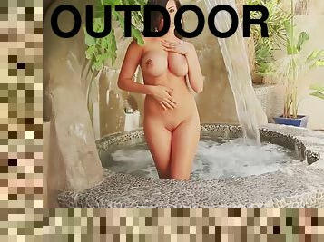 Chubby brunette caresses hot body in the outdoor bath