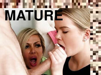 Sultry mature blonde teaches the teen to suck a cock