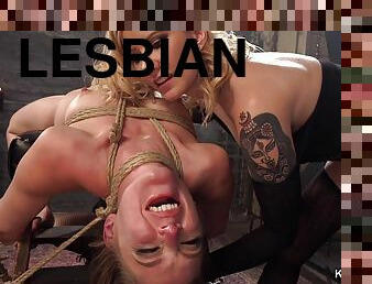 Three lesbians in lezdom femdom threesome with bondage and humiliation