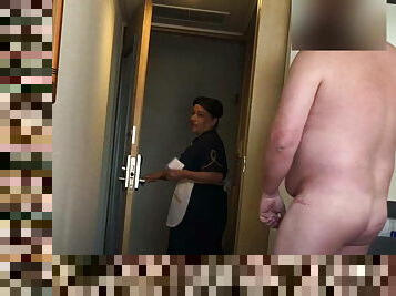 Fat man flashes his dick to the hotel maid