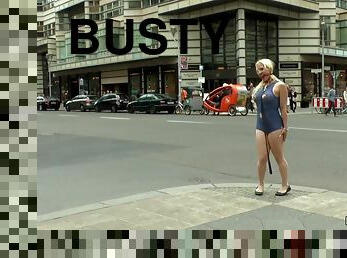 Very Busty petite blond gangbang in public
