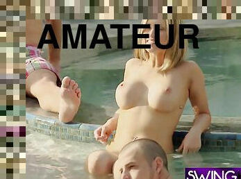 Swingers hang out nacked in the pool.