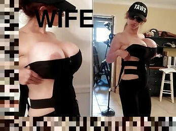 Glamour wife shows her gigantic fake breasts