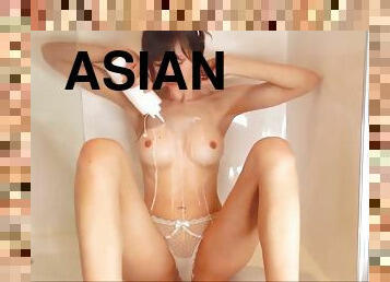 asiático, banhos, grande, adolescente, engraçado, cavalgando, dildo, chuveiro, provocando