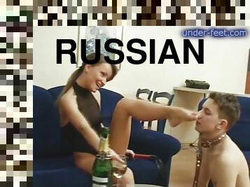 Drunkard Russian femdom cowgirl stripping her guy indoors