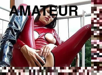 Red latex catsuit in masturb